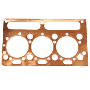 The AGCO Head Gasket - 4223913M1 by AGCO is a rectangular copper gasket featuring symmetrically arranged circular and oval holes, designed for optimal engine sealing against high combustion pressures.