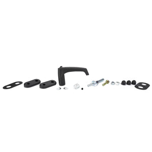 Assorted hardware pieces including screws, washers, gaskets, and the AGCO Handle, Rear Window - 6249417M11 arranged in a line on a white surface; ideal for maintaining AGCO Parts or Genuine Controls and Levers in Massey Ferguson models.