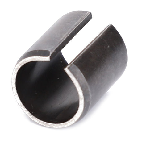 Close-up of the AGCO Pin - 3790284M2, a metal cylindrical clip with a slit down one side, designed for securing or holding other components. This versatile clip, ideal for use in Massey Ferguson models, is shown on a plain white background.