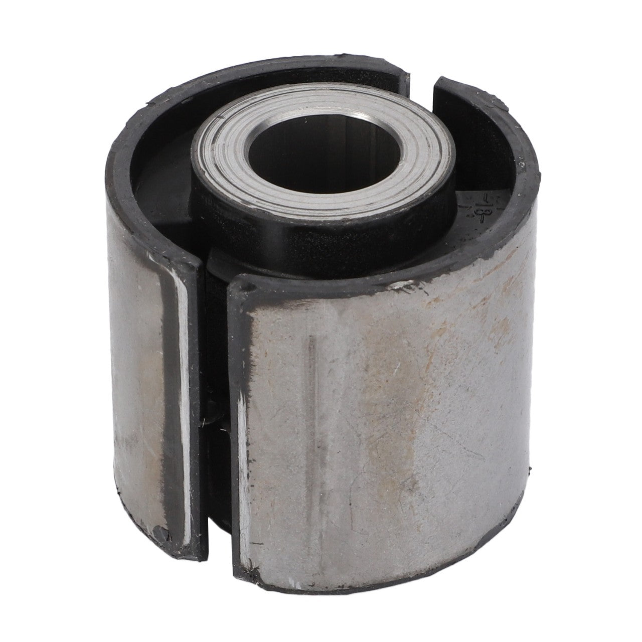 Close-up of the AGCO | Bushing - H718500200100, featuring a cylindrical metal structure with a rubber inner layer and a circular hole in the center. The outer layer appears worn and slightly corroded, much like those found in Fendt Vario models.