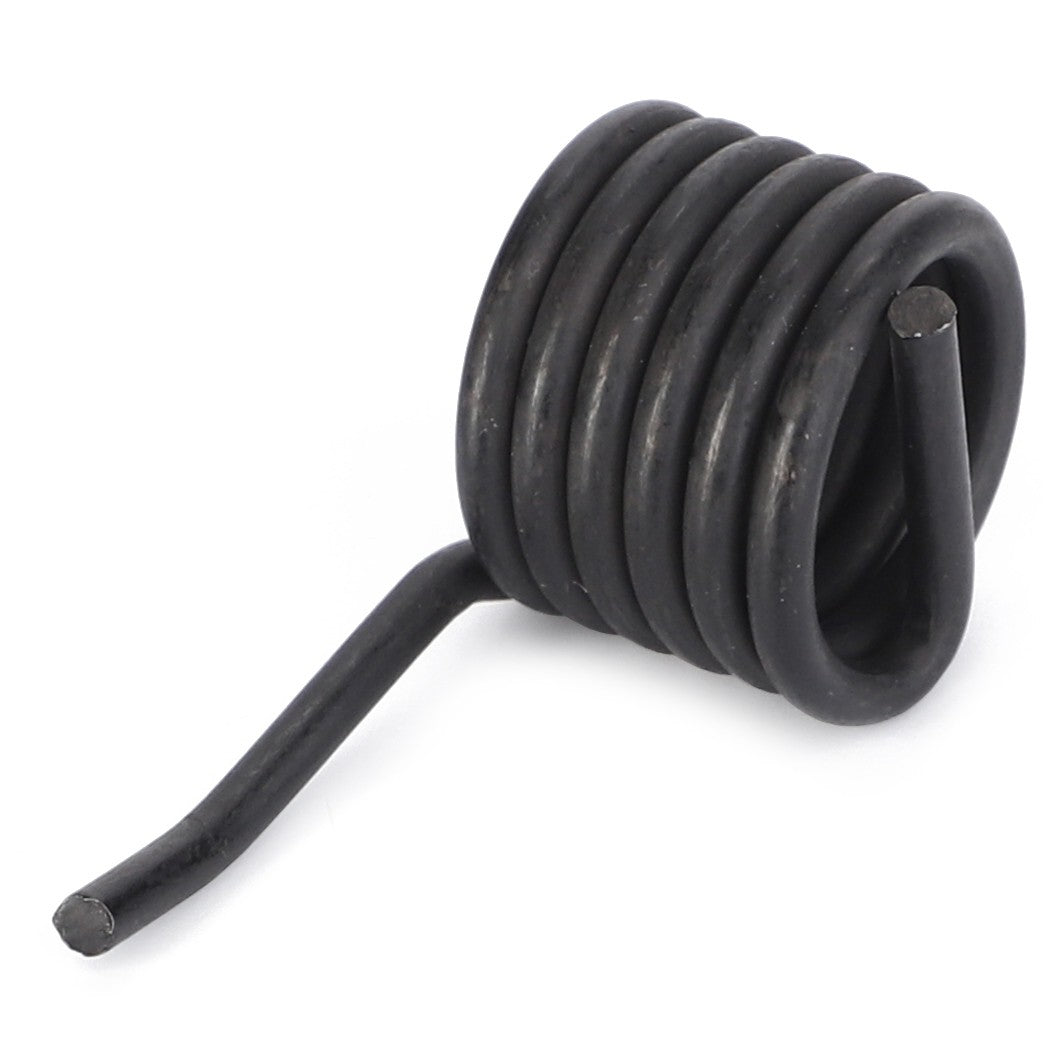 An image of the AGCO | Seats Component, Flexible Spring - F718500030030, a black, tightly-coiled metal spring with one straight protruding end, reminiscent of the robust components found in Fendt Vario machinery.