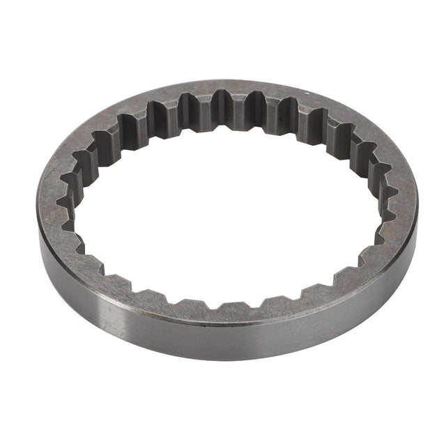 The AGCO | Ring - F411301021160 by AGCO features a metal construction with an outer smooth edge and an inner edge designed with intricate gear-like teeth.