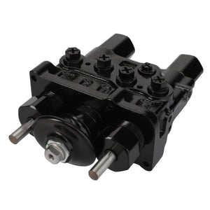 A close-up of an AGCO | Brake Valve - Acw0141960, a black hydraulic control valve with multiple ports and bolts, featuring two silver cylindrical rods extending from its base. No current product description available.