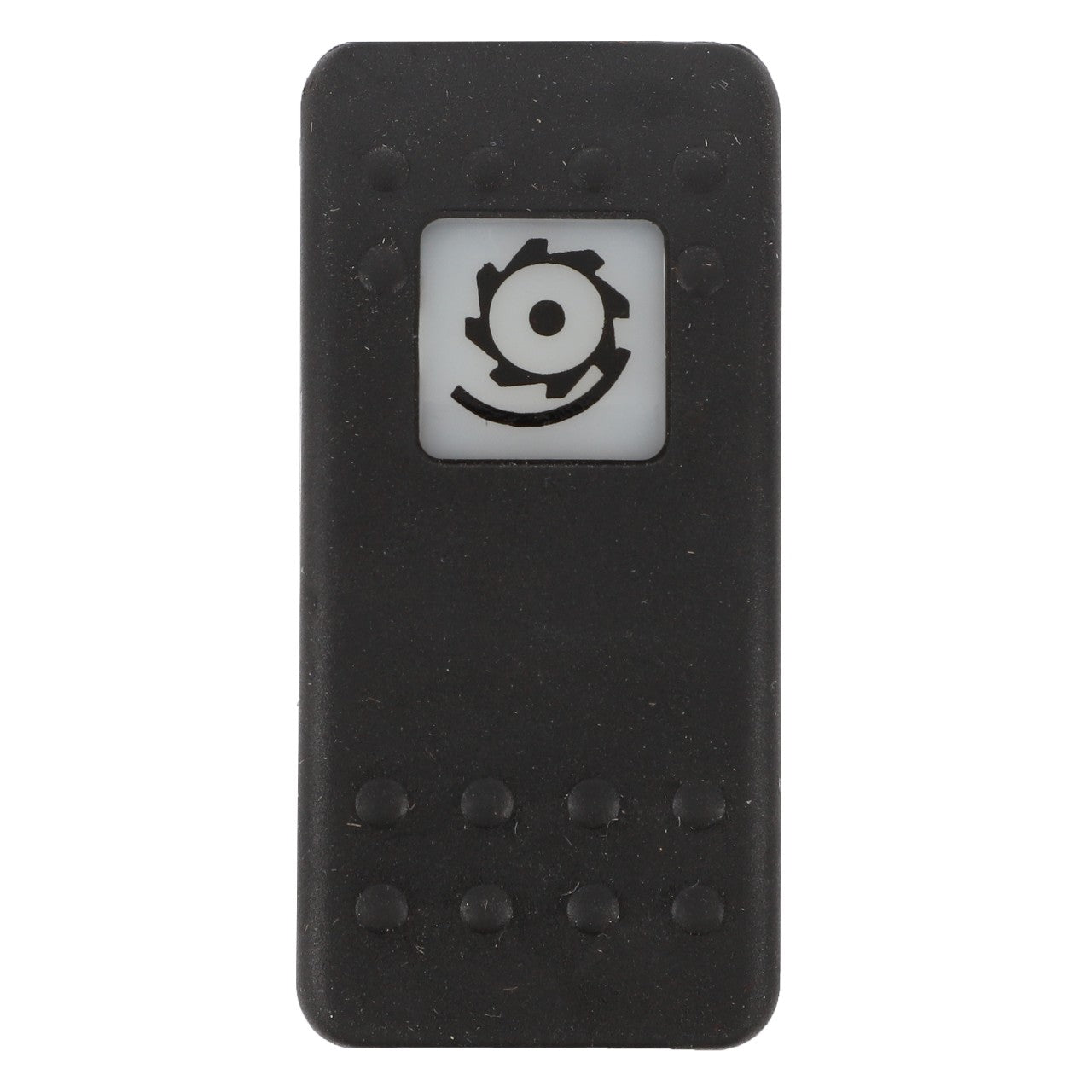 A close-up of the AGCO | SWITCH - D45050012, a sleek black rectangular remote control from AGCO, featuring a white button with a circular saw blade icon and small round buttons aligned at the bottom third.