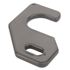 The AGCO Hinge - D28982445 is a black, metal bracket with a hook shape and a hole at one end, designed for securing or hanging items.