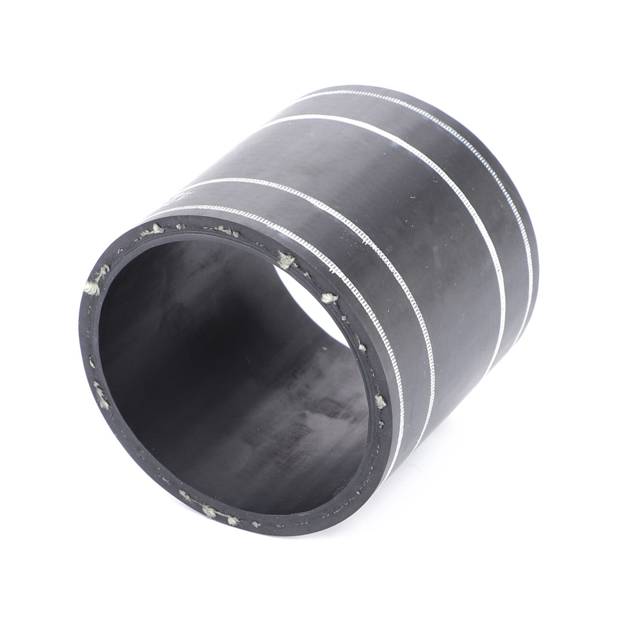 The AGCO | Hose, For Air - 4282379M2 by AGCO is a highly-resilient black cylindrical rubber coupling with three white horizontal lines evenly spaced around its circumference, ensuring maximum durability.