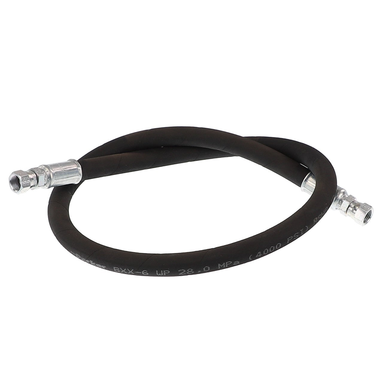 AGCO's hydraulic hose (ACP0051210) is a coiled black rubber hose featuring metal connectors on both ends, elegantly displayed against a white background. For any questions or assistance with ordering, our support team is ready to help.