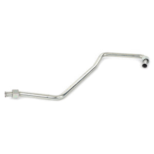 The AGCO | Tube - 3790216M91 is a metal brake line with a few bends, featuring a threaded fitting on one end and a smooth open end on the other, shown against a plain white background—compatible with various Fendt models.