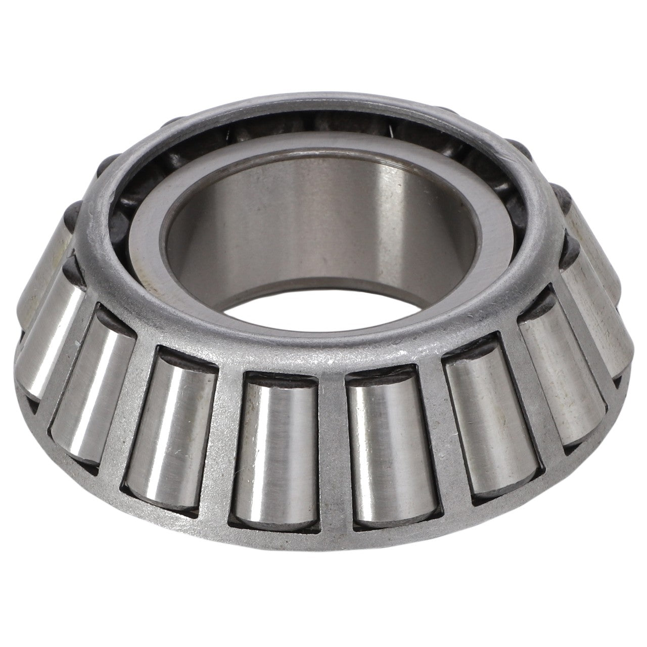 The AGCO | BEARING - AG132710 is a tapered roller bearing, featuring metallic cylindrical rollers arranged in a cone shape, designed to efficiently handle both radial and thrust loads.