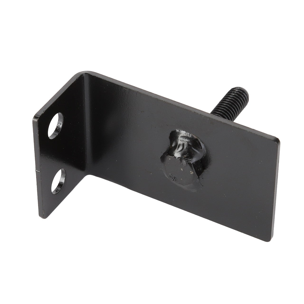 The AGCO Bracket - Acw1107180 is a black metal bracket featuring two mounting holes on one side and a bolt attached on the other side. No current product description information is available.