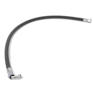 The AGCO Hydr. Hose - Acw4273830, a black and flexible rubber hose, features metal connectors at both ends, with one connector bent at a 90-degree angle. This practical accessory is displayed on a white background, highlighting its quality and flawless design from the renowned brand AGCO.