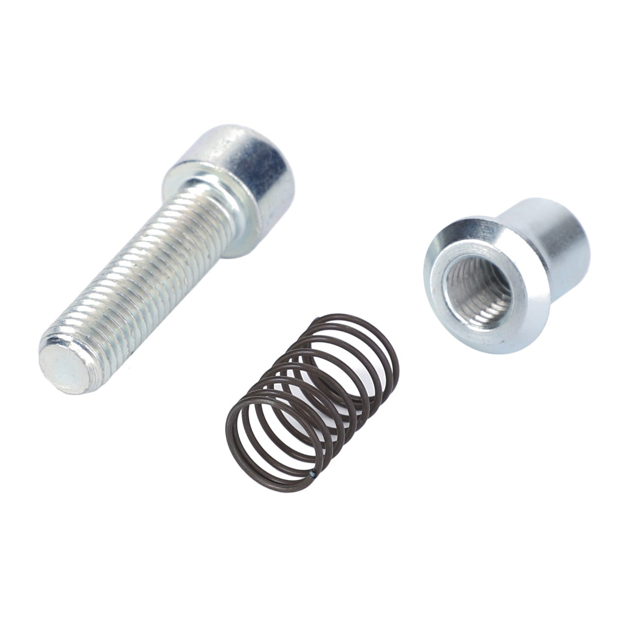 An AGCO Slip Through Security Automatic Clevis (F816500070120), consisting of a metal bolt, a spring, and a threaded cylindrical nut—essential linkage components from AGCO Parts—is arranged on a white background.