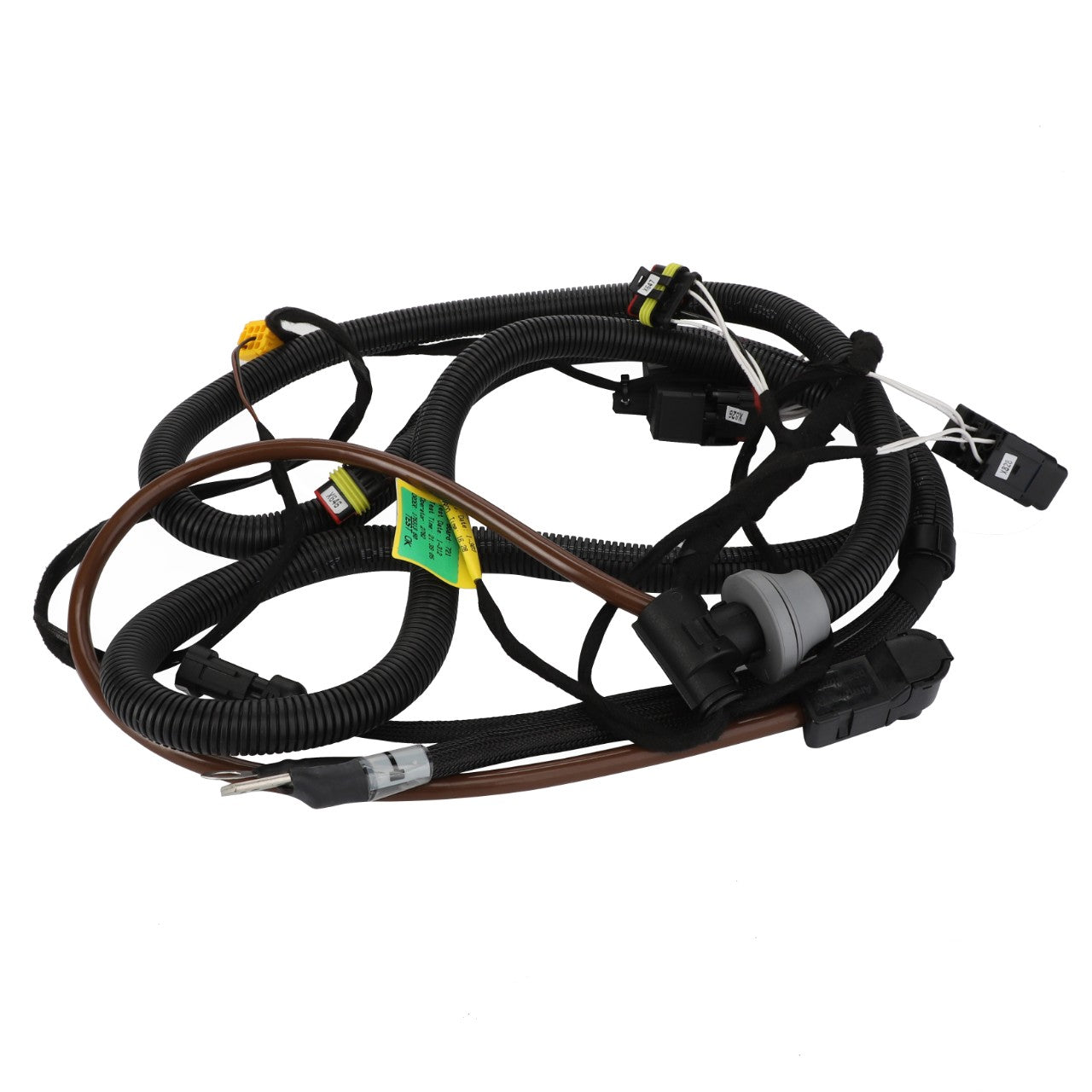 The AGCO Harness - Acw028833A is a coiled automotive wiring harness featuring black corrugated tubing, various connectors, and labels along with some colored wires. This product is designed for seamless integration into your vehicle's system and offers a variety of available options to suit your needs.