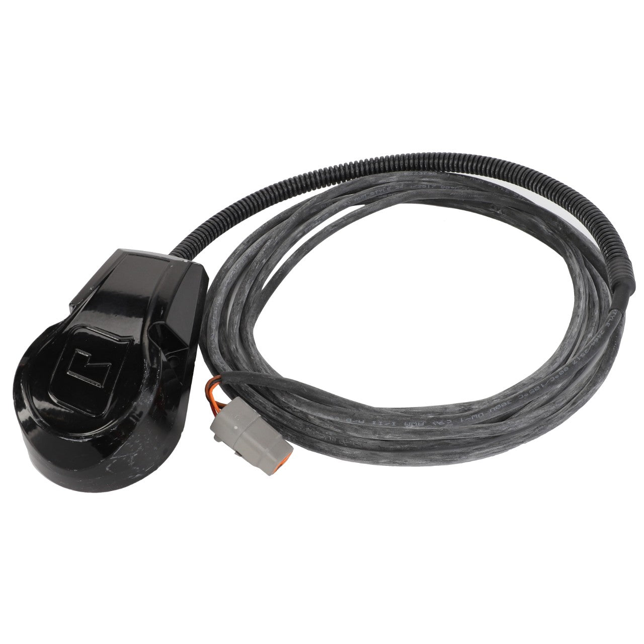 A coiled black cable labeled "AGCO | Angle - Acp0295130" with a rectangular connector at one end and a larger, sleek device from the AGCO brand at the other end.