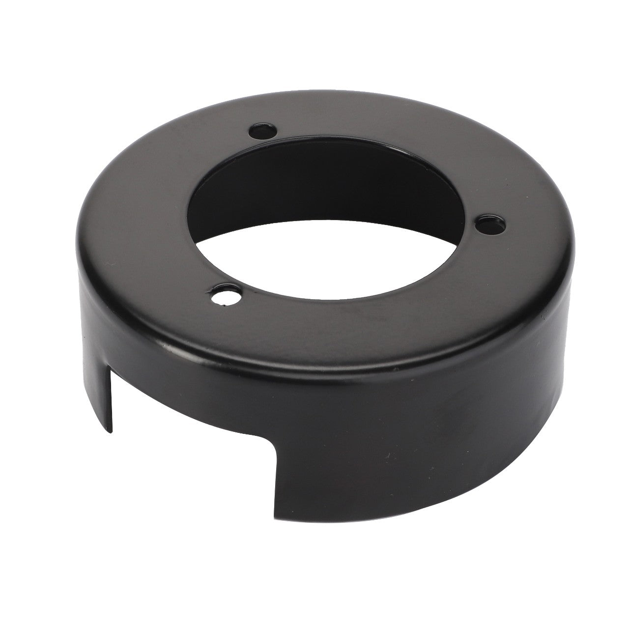 A black, round metal component with three holes and an open notch, likely used as a mounting or protective cover compatible with Massey Ferguson models, known as the AGCO Guard - 1696555M2.