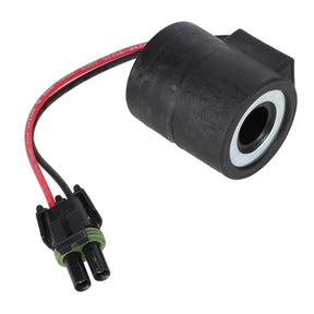 A black automotive electric connector, AGCO | Coil with Diode - AG715440, featuring a cylindrical body and a red wire ending in a dual-prong plug, engineered for performance and durability by AGCO.