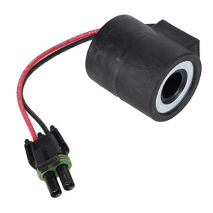 A black automotive electric connector, AGCO | Coil with Diode - AG715440, featuring a cylindrical body and a red wire ending in a dual-prong plug, engineered for performance and durability by AGCO.