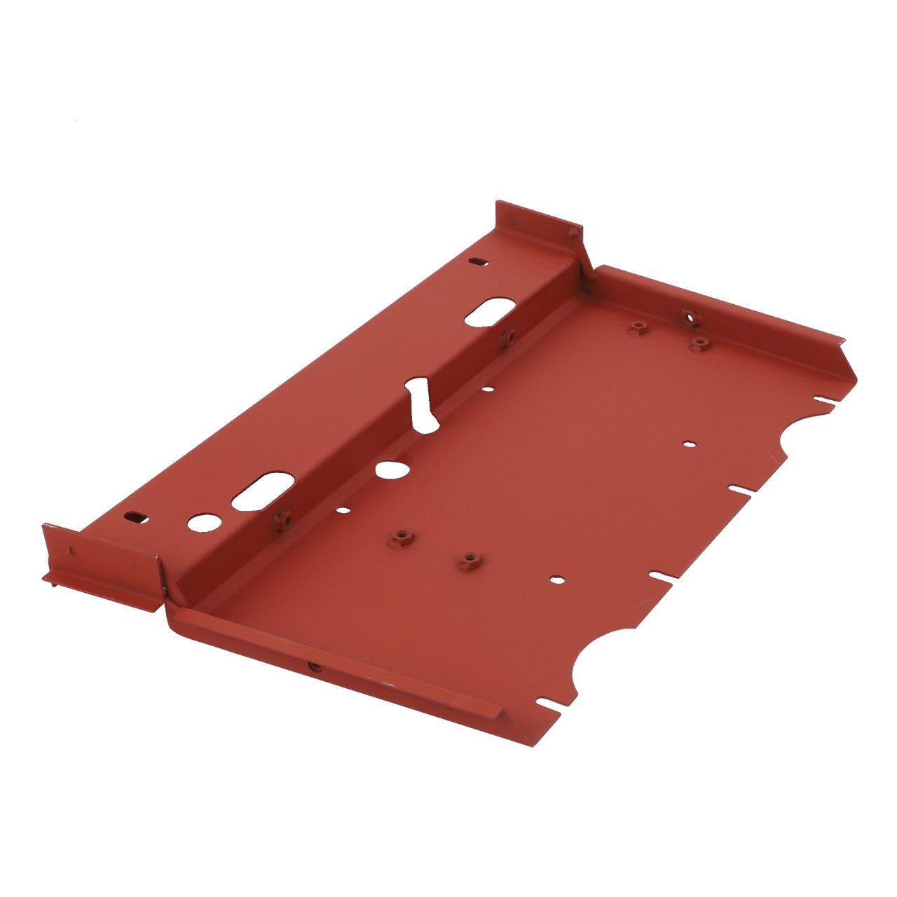 A flat, rectangular metallic red sheet with cutouts, flanges, and screw holes, likely part of a mechanical or industrial assembly for Massey Ferguson Models like MF 3050, specifically the AGCO Battery Holder - 3389849M97.