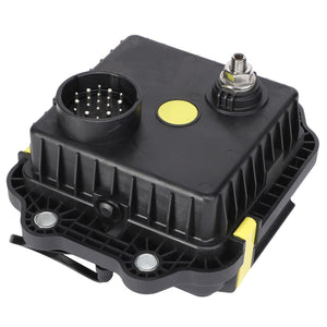 The AGCO | Group - Acx0035740 is a sleek black plastic electronic component featuring multiple connectors and ports, including a circular multi-pin connector and a sturdy metal coaxial connector, all securely mounted on a robust black base.