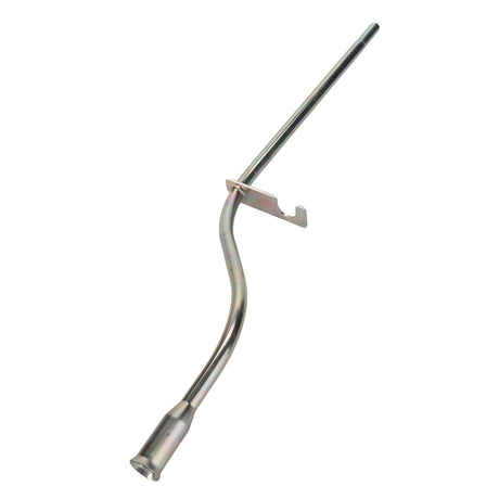 The AGCO | Tube - 4304841M91, inspired by the precision of Massey Ferguson machinery, is a metal dipstick tube for an automotive engine that features a long, curved design with a mounting bracket.