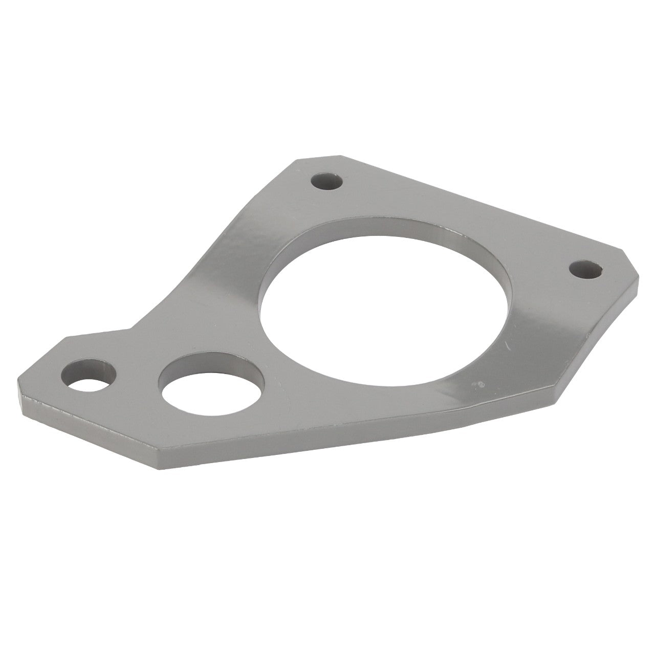 The AGCO BRACKET - D28482314 is a flat, gray metal plate equipped with three holes of varying sizes—one circular and two smaller, bolt-sized holes—ideal for mounting or connecting components.