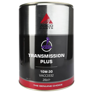 A 20-liter metal container branded as "AGCO Parts Transmission Plus 10W-30" features the product code VACC3332 and is perfect for tractor hydraulic systems.