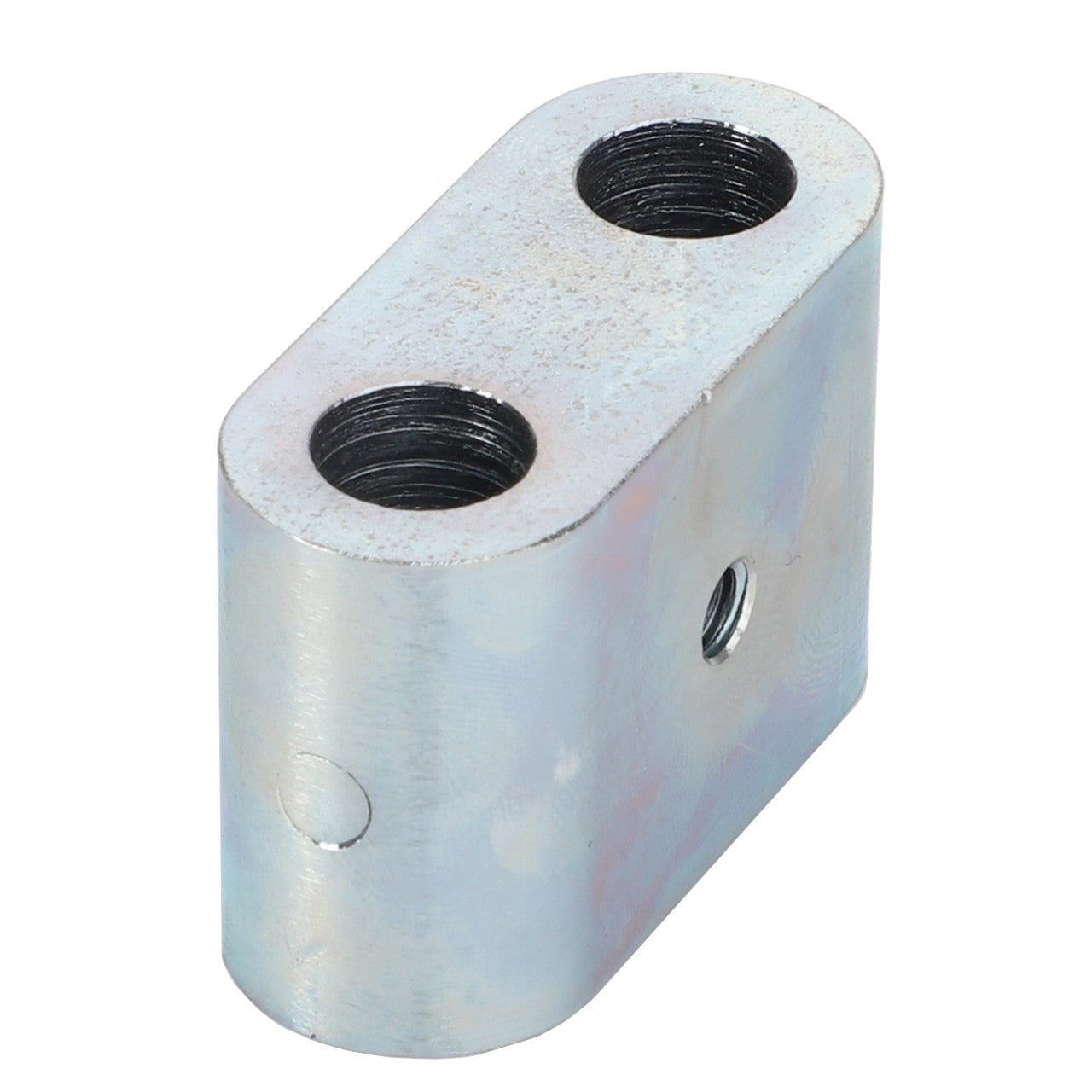 The AGCO Angle Trans. - 3781566M1 is a metal rectangular block featuring two threaded holes on the top and a smaller threaded hole on the side, ideal for use in Fendt machinery.