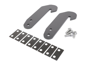 Two black metal brackets, six rectangular metal plates, and four screws are arranged on a white background. The product featured is the AGCO Maize Mechanical Lock - C0373057 by AGCO.