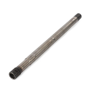 The AGCO | Clutch Shaft - V30762240 is a long, cylindrical metal rod with splined ends, designed for use in mechanical assemblies or drivetrains for heavy-duty operations and power transmission.