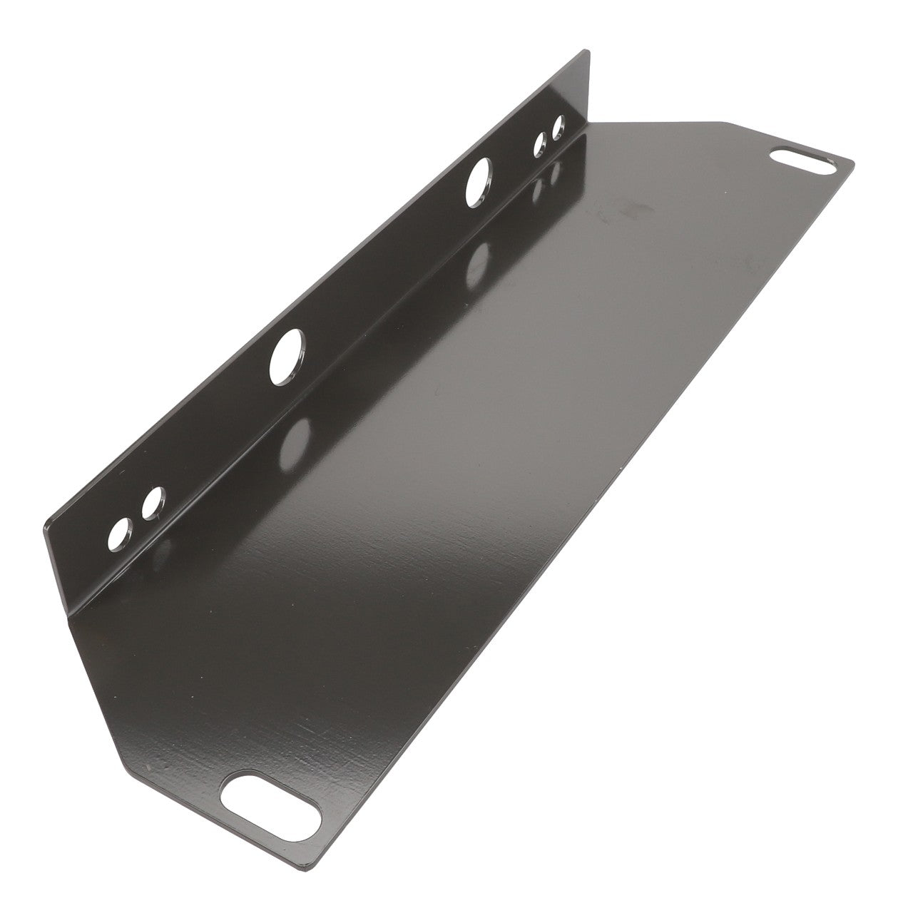 The AGCO | Angle - Acw2026460 is a black metal bracket designed with multiple circular cutouts and two elongated slots at each end, engineered for mounting or support purposes. No current product description is available.