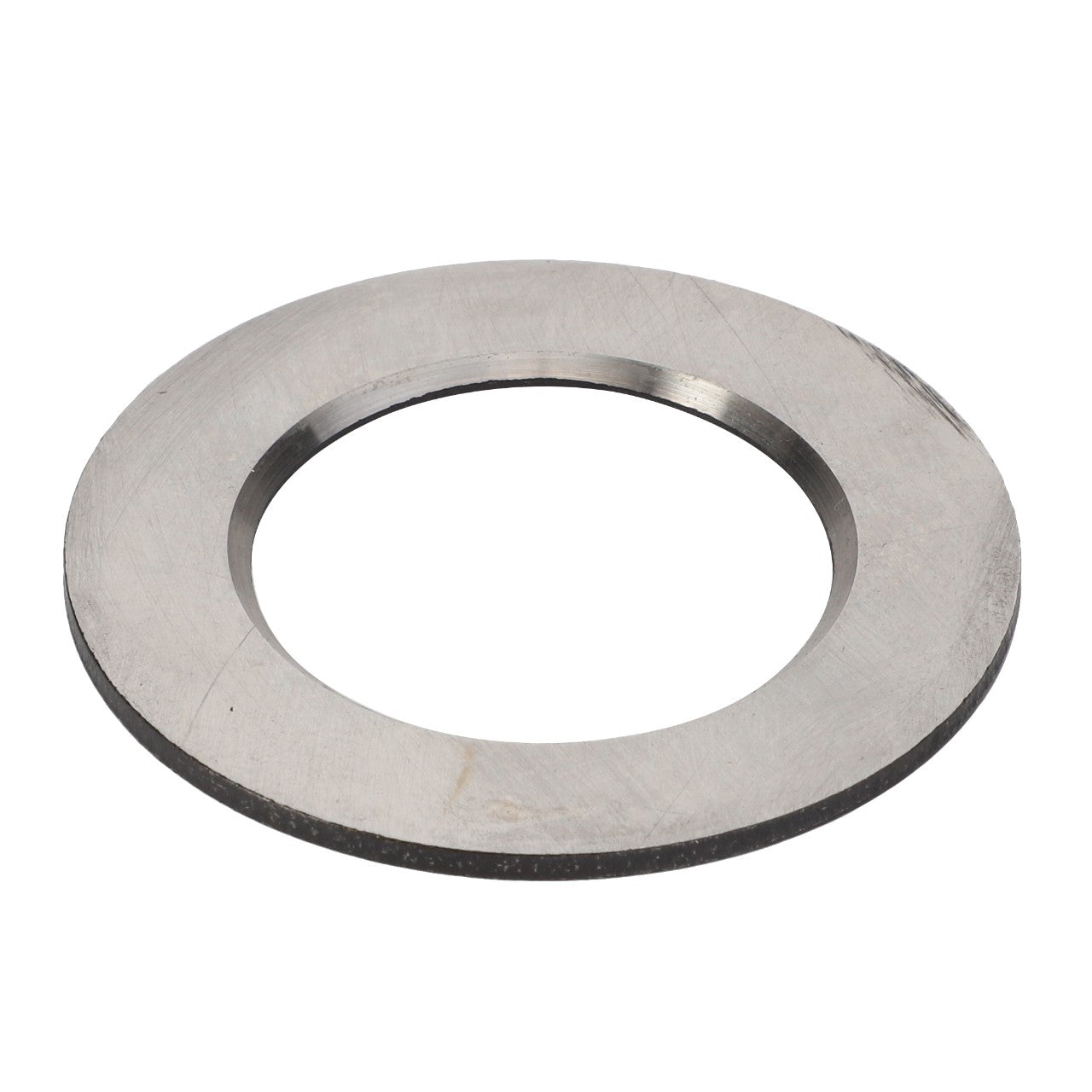 A metallic, circular flat washer with a central hole, viewed from an oblique angle. Product Name: AGCO | SHIM - V30903900. Brand Name: AGCO. No current product description information available for further details.