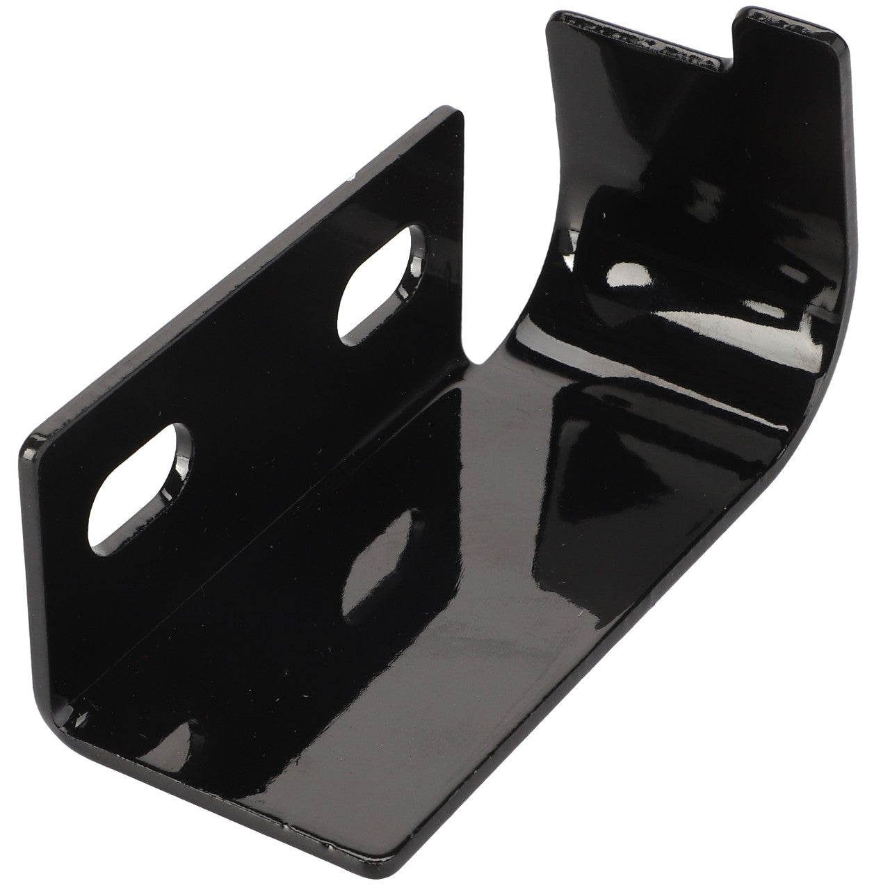 No current product description available for the AGCO Shield - Acw017681A black, L-shaped metal bracket with two oval mounting holes and a curved end by AGCO.