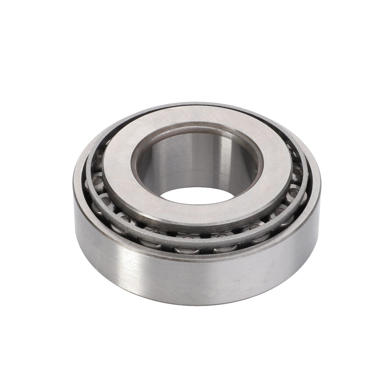 The AGCO | Taper Roller Bearing - F334310020420 from AGCO is a silver cylindrical roller bearing with inner and outer rings, featuring visible cylindrical rollers aligned in a circular formation, making it ideal for managing high radial loads.