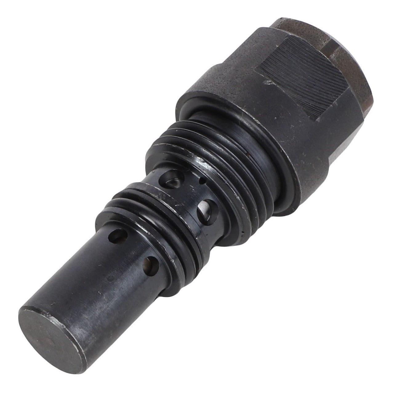 The AGCO | PRESSURE VALVE - AL5034130 is a metal cylindrical mechanical component featuring multiple rings, holes, and threaded sections, designed for fitting and assembly within machinery. No current product description information is available.