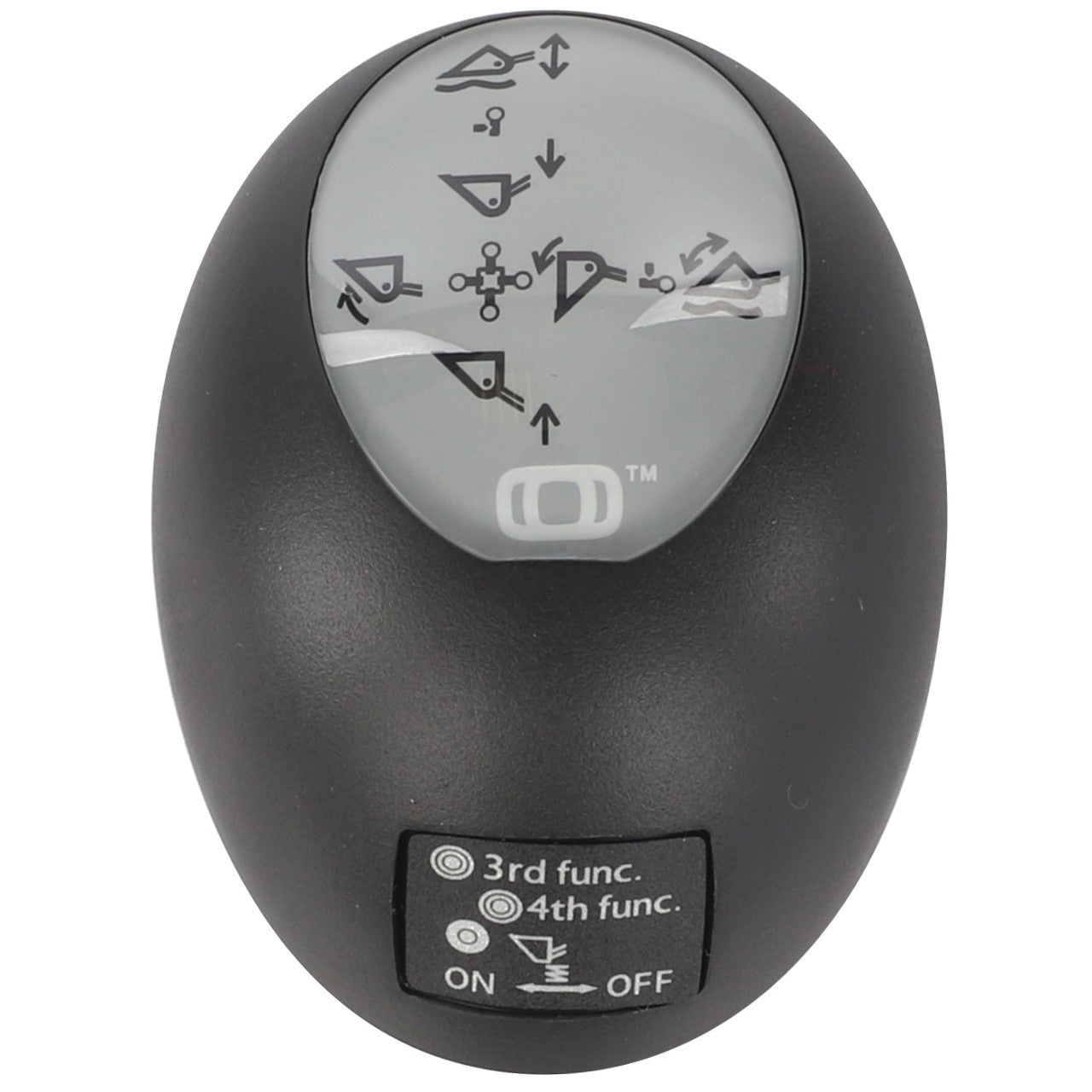 The AGCO Knob, Front Loader - AL5021049, features a black, oval-shaped design with a display screen showcasing various arrow symbols and another panel indicating "3rd func.," "4th func.," and an "ON/OFF" switch at the base, highlighting its ergonomic design for genuine control and ease of use.