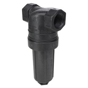 No current product description is available for this image of the AGCO | Strainer - Ag053056, a black Y-strainer by AGCO with threaded connections, used for filtering debris from liquids, featuring a cylindrical body and T-shaped top.