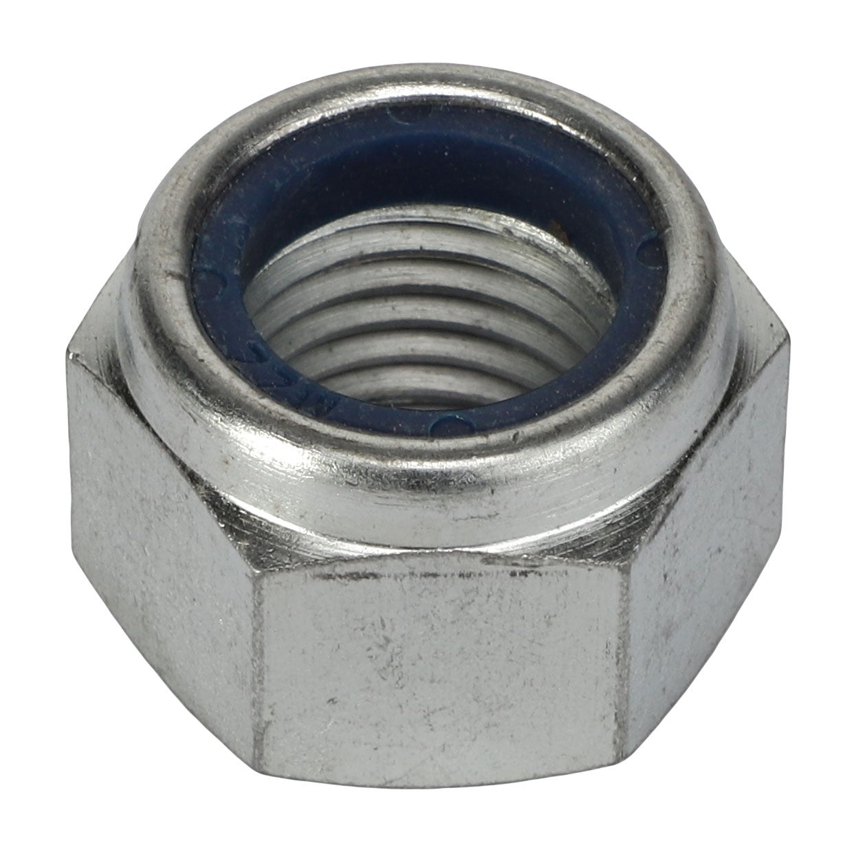 A close-up view of the AGCO | NUT - AL5011561, featuring a metallic construction with an internal blue nylon insert designed to prevent loosening. No current product description information is available.