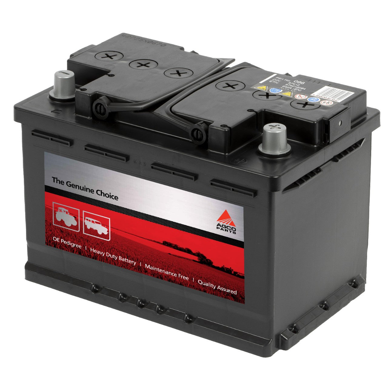 An AGCO | AGCO Parts Battery - 3930280M2, designed in black, features labels identifying it as a heavy-duty, maintenance-free battery. Displayed from an angle, the battery showcases its terminals and specifications while promoting start-stop technology for extended car parc coverage.