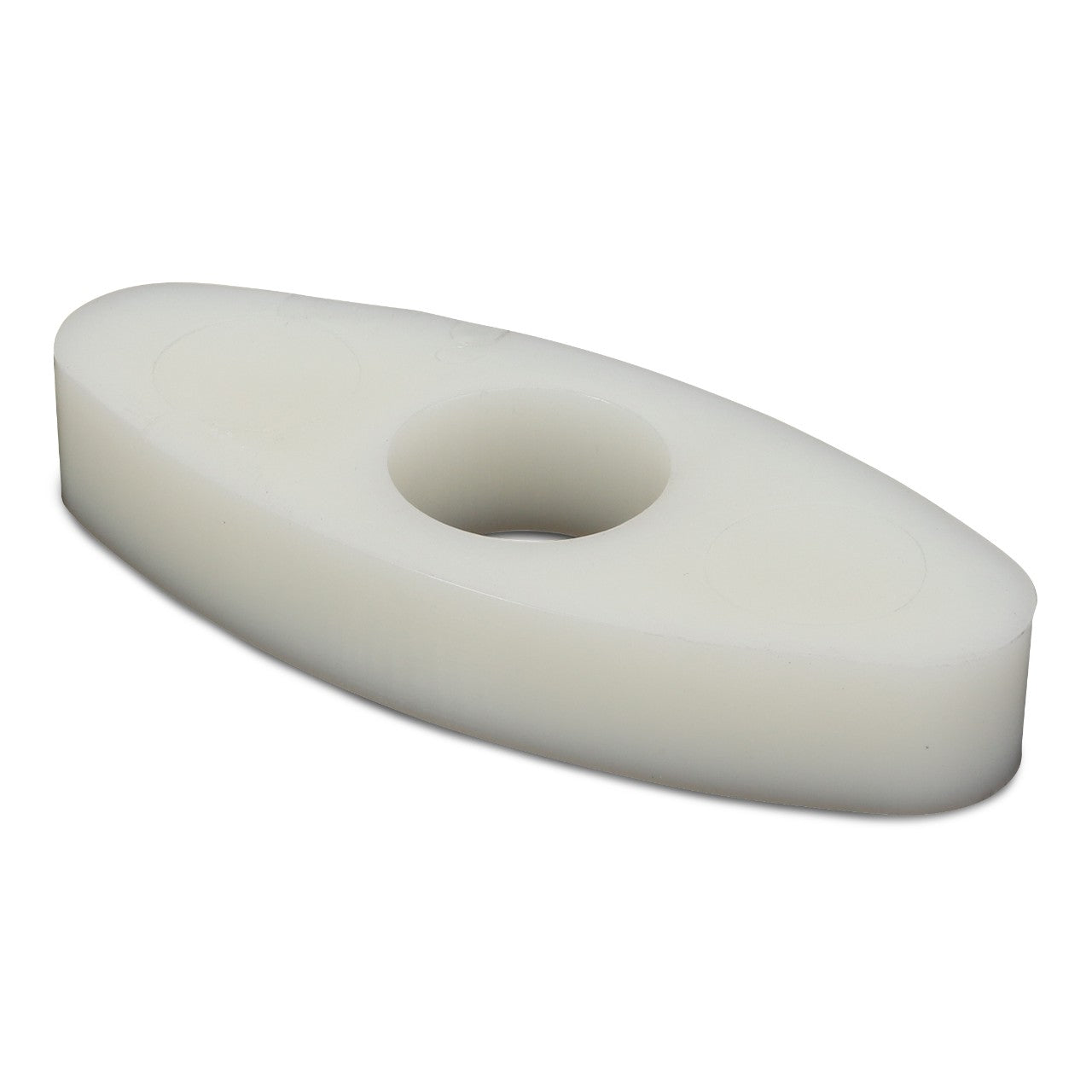 An off-white, oval-shaped plastic piece with a central circular hole, reminiscent of parts used in Valtra Models, displayed against a plain white background. It is the AGCO Clamping Block - 0934-99-05-00 from AGCO.