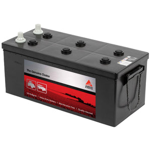 A heavy-duty AGCO battery, the AGCO Parts Battery - 3931132M1, features a black casing and a distinctive red label. Designed with two lifting handles and six terminal posts on top, the label reads "OE Pedigree, Heavy Duty Battery, Maintenance Free." These reliable batteries offer maximum starting power for all your needs.