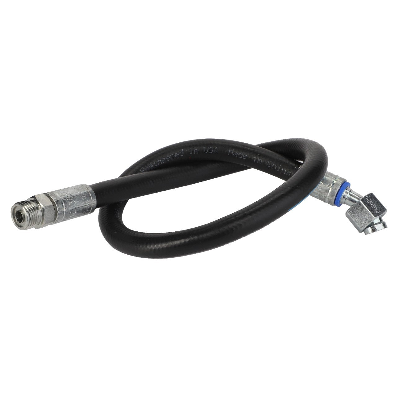 Introducing the AGCO Hydraulic Hose - Acw3852620, a black flexible hose from the trusted brand AGCO. It features metal fittings on both ends, with one end equipped with a threaded connector and the other with an elbow joint.