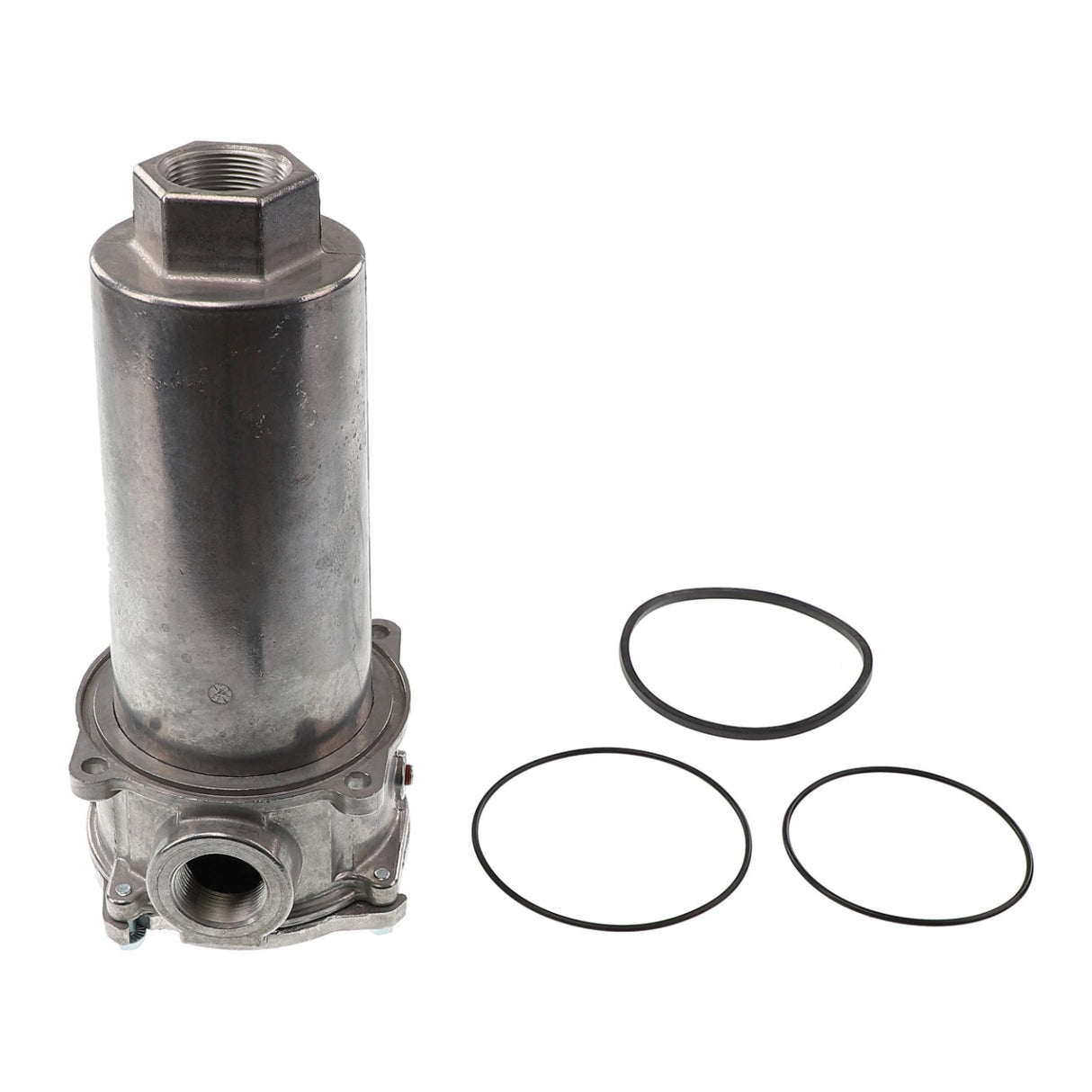 A cylindrical metal component, the AGCO | RETURN FILTER - AG333619, with threaded ends is accompanied by three circular rubber gaskets. This component appears to be a part of a mechanical or industrial system. Please note, no current product description information is available.
