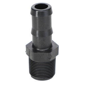 The AGCO Barbed Connector - Ag051179 is a durable black plastic hose fitting featuring a secure threaded base.