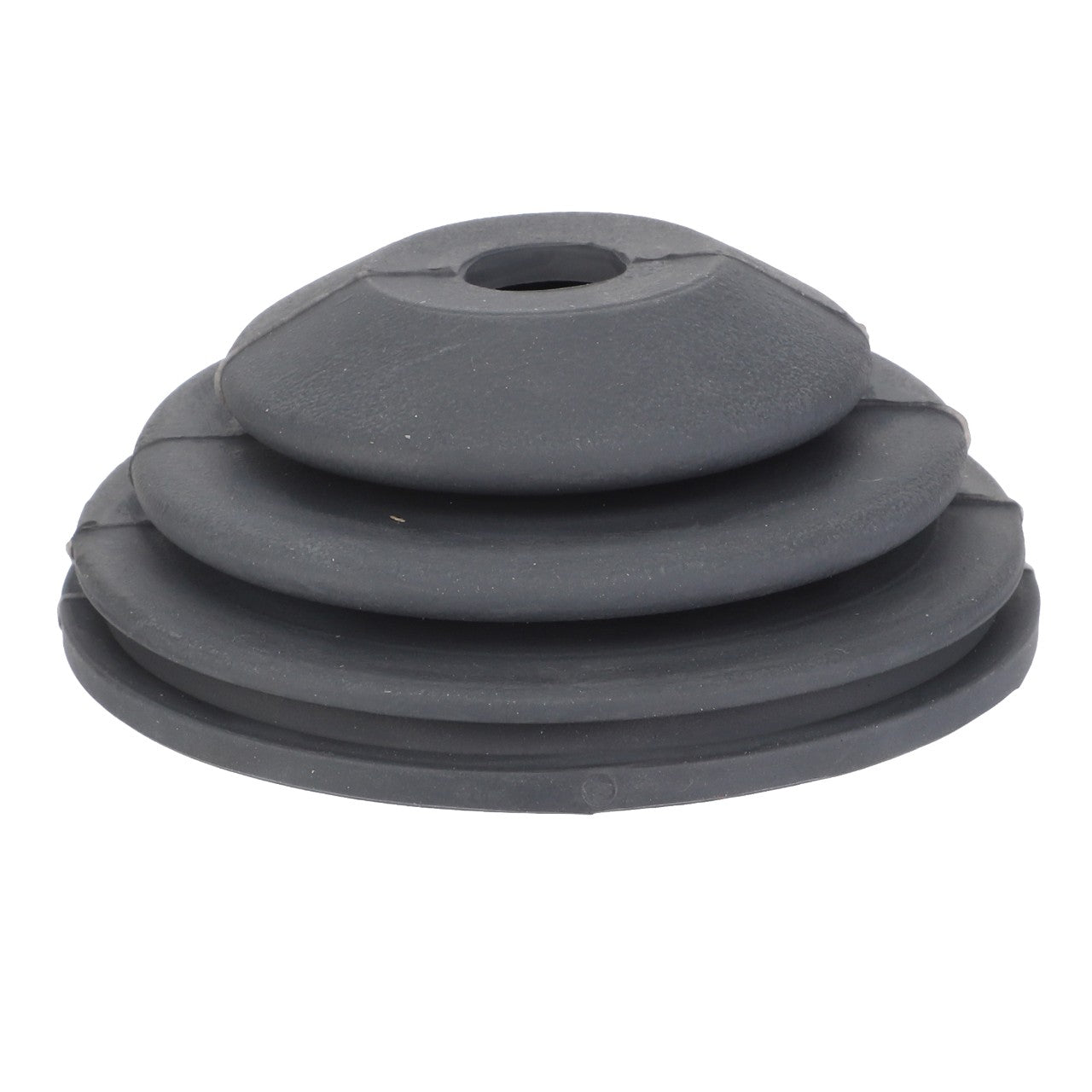 The AGCO | BELLOWS - F716974160020 is a sleek black rubber grommet that features a layered, conical shape with a central hole for versatile applications.