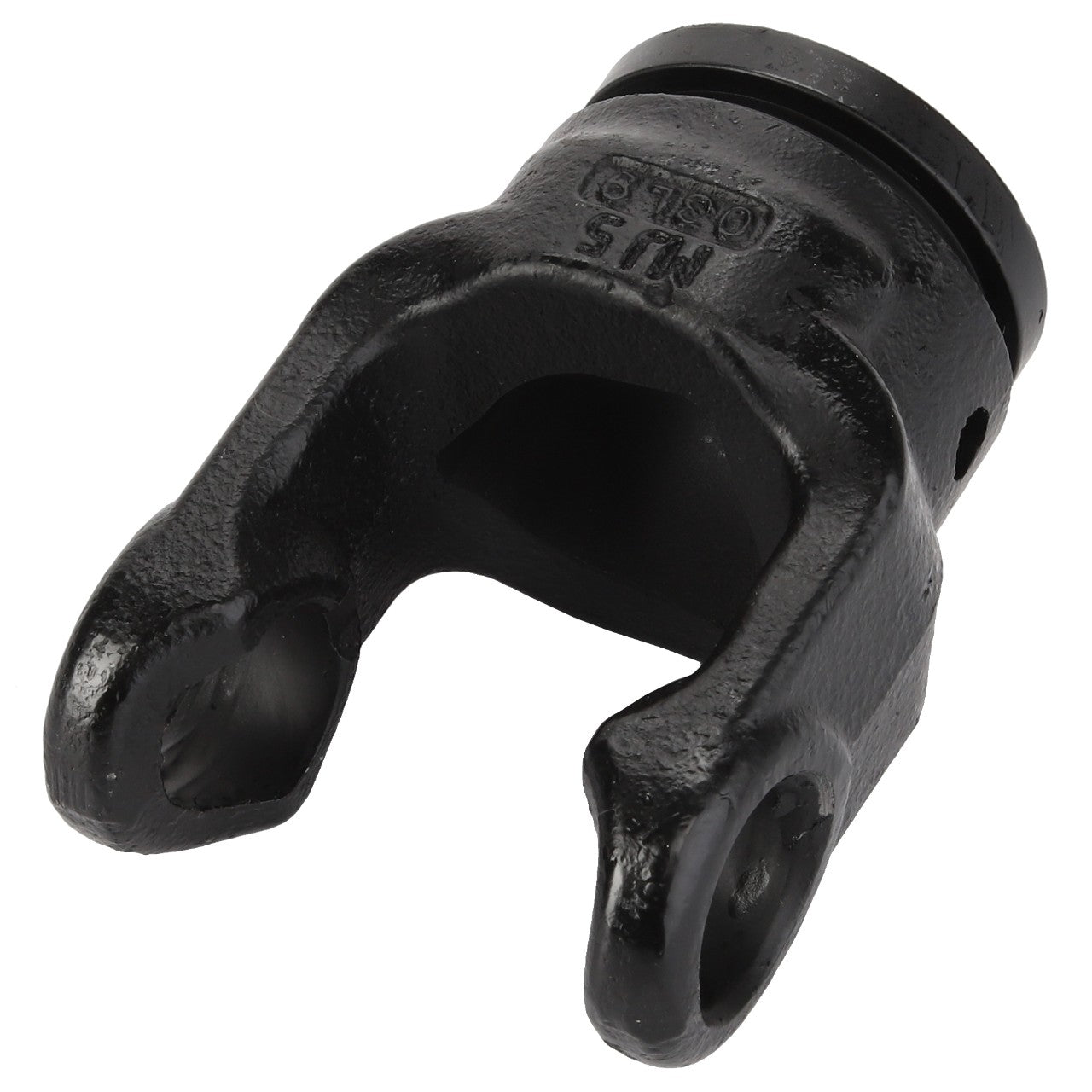 AGCO's Yoke (D45630200) is a reliable black metal component with a sturdy cylindrical base and dual prongs featuring holes for secure attachment, ensuring consistent performance.