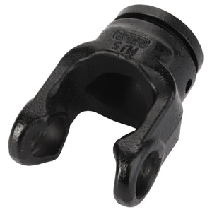 AGCO's Yoke (D45630200) is a reliable black metal component with a sturdy cylindrical base and dual prongs featuring holes for secure attachment, ensuring consistent performance.