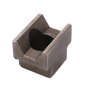 A metal component with a central rectangular cutout and angled sides, commonly referred to as the AGCO Spigot - 3386518M1, often utilized in Valtra Models for industrial or mechanical purposes.