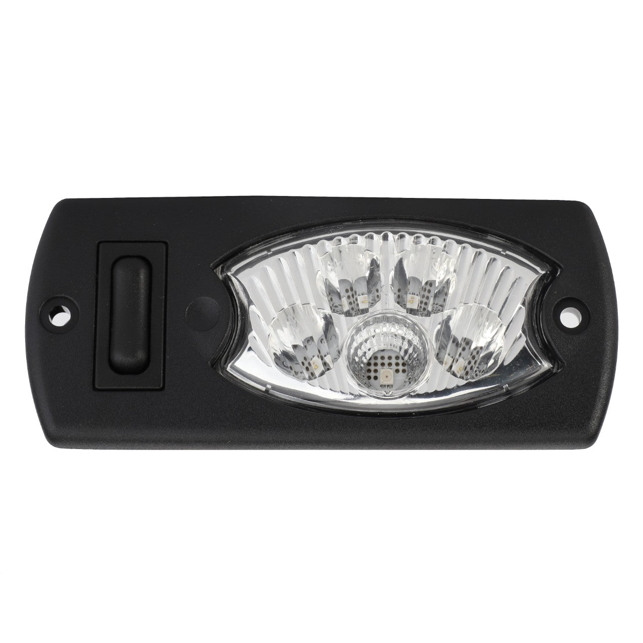 The AGCO | Interior Light - ACY1580580 by AGCO is a black rectangular LED light unit with a curved transparent cover, housing multiple LED bulbs for optimal lighting, and a switch on the left.