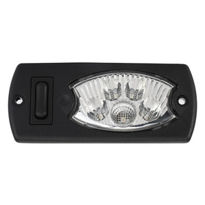 The AGCO | Interior Light - ACY1580580 by AGCO is a black rectangular LED light unit with a curved transparent cover, housing multiple LED bulbs for optimal lighting, and a switch on the left.