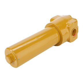 AGCO's Filter - AG616014, a yellow hydraulic cylinder featuring a threaded end and port, shown against a plain white background, is compatible with Massey Ferguson equipment.